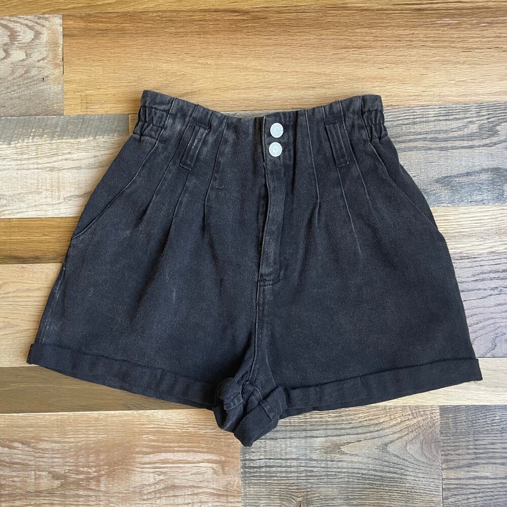 Aaron & Amber Black Denim Paperbag High Rise Shorts Women's S Cuffed